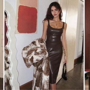 Commense Brown Faux Leather Skinny Strappy Dress